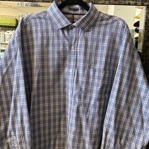 Tommy Hilfiger mens button up, blue and white with red stripes
